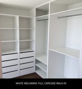 Custom White Melamine Walk-in Wardrobe with custom drawers, hanging space and shoe shelving