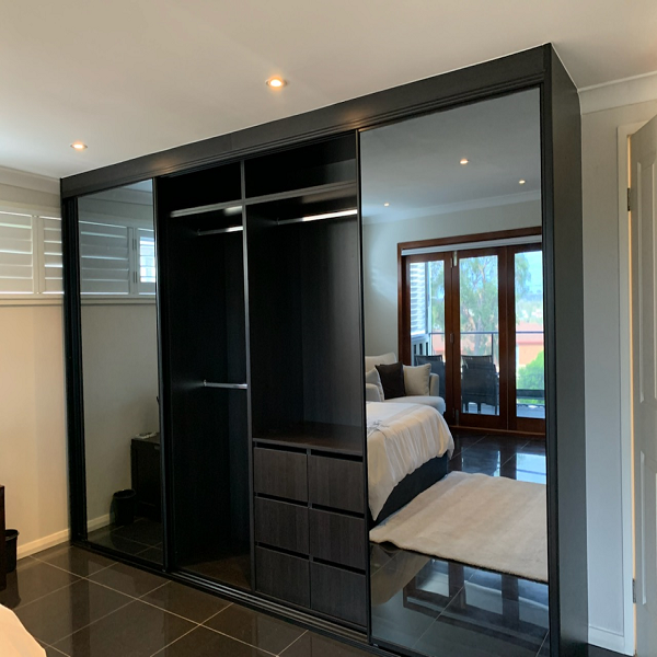 DIY Sliding Tinted Mirror Wardrobe Doors with Black Frames and